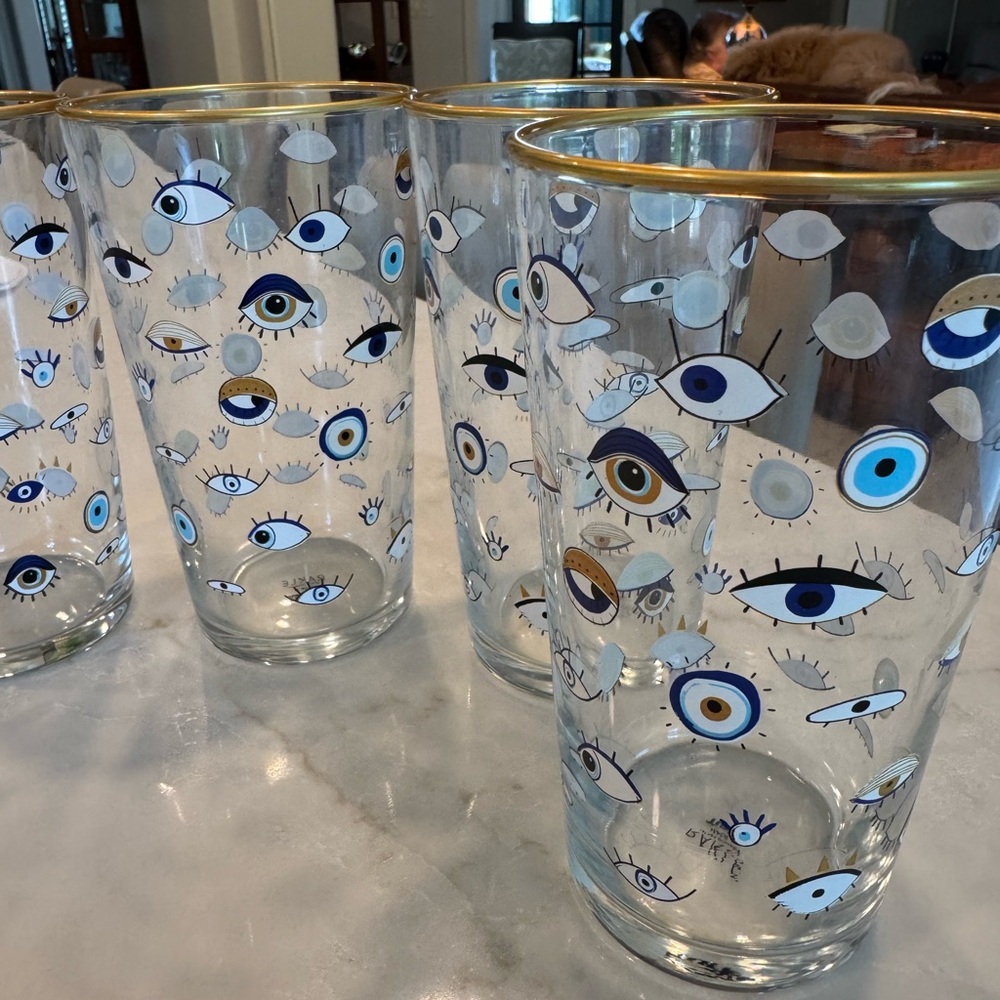 Set of Eye Patterned Glasses with Gold Rim - Picture 2 of 2